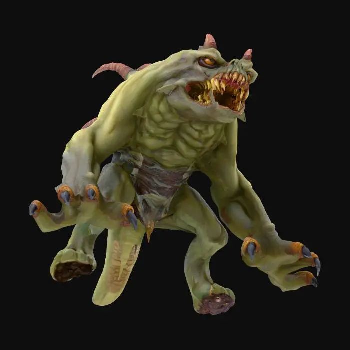 3D model for A grotesque yet captivating monster, designed for 3D printing with a rough, scaly texture that suggests a hardened, leathery hide. Its body is asymmetrical and hunched, supported by thick, gnarled limbs ending in sharp claws. The head is large and misshapen, featuring multiple piercing, unevenly sized eyes and a maw filled with jagged teeth. Its skin appears to be a muted, earthy green, with subtle brown and grey undertones, giving it a primal, menacing presence.