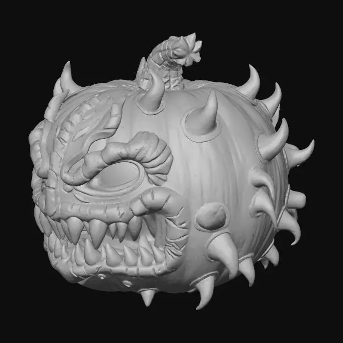 3D model for #Halloween2025#, A monstrous, heavily armored demon pumpkin with overlapping, jagged plates resembling scales, glowing molten cracks emitting from within, and a fierce, snarling mouth. The bottom is perfectly flat for stable 3D printing.