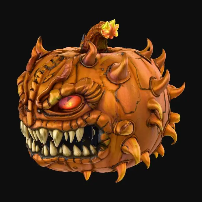 3D model for #Halloween2025#, A monstrous, heavily armored demon pumpkin with overlapping, jagged plates resembling scales, glowing molten cracks emitting from within, and a fierce, snarling mouth. The bottom is perfectly flat for stable 3D printing.
