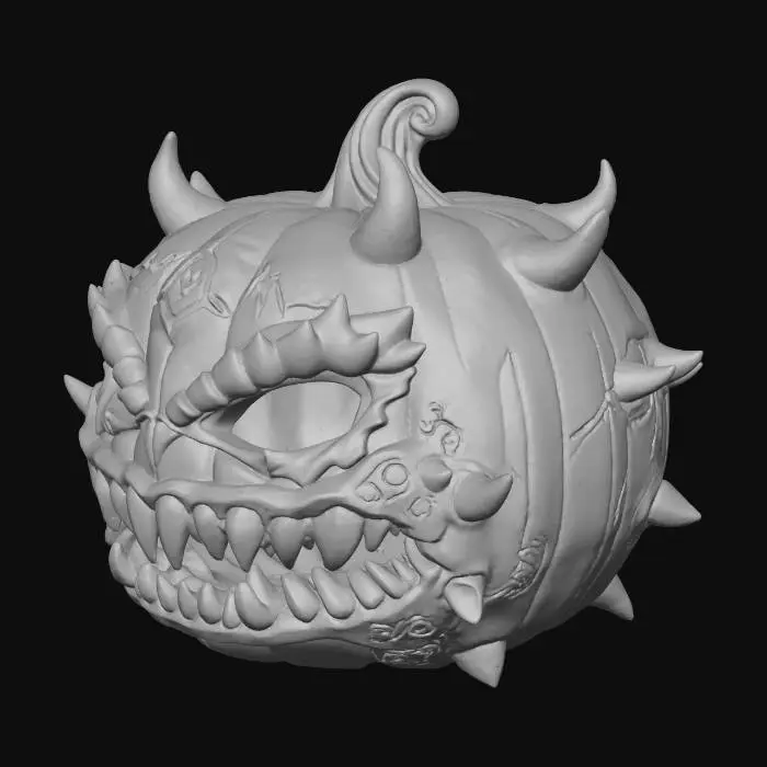 3D model for #Halloween2025#, A monstrous, heavily armored demon pumpkin with overlapping, jagged plates resembling scales, glowing molten cracks emitting from within, and a fierce, snarling mouth. The bottom is perfectly flat for stable 3D printing.