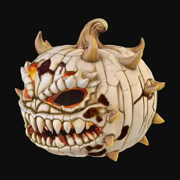 3D model for #Halloween2025#, A monstrous, heavily armored demon pumpkin with overlapping, jagged plates resembling scales, glowing molten cracks emitting from within, and a fierce, snarling mouth. The bottom is perfectly flat for stable 3D printing.