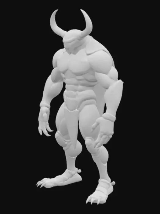 3D model for High Detailed, beetle-humanoid, muscular beetle-man, dark blue shell, stands on 2 feet, long split horn on head, realistic, high definition, 