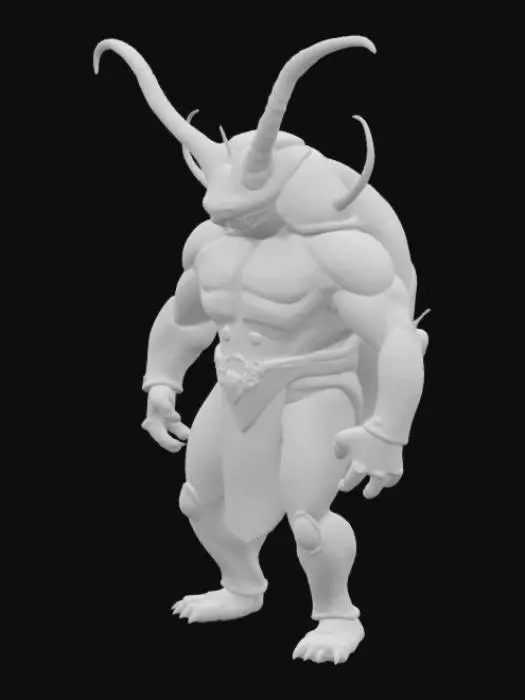 3D model for High Detailed, beetle-humanoid, muscular beetle-man, dark blue shell, stands on 2 feet, long split horn on head, realistic, high definition, 