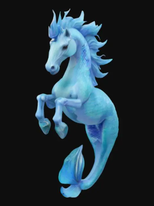 3D model for realilastic mermaid horse with large gills on its neck, with vibrant blue scales and a fin down its tail