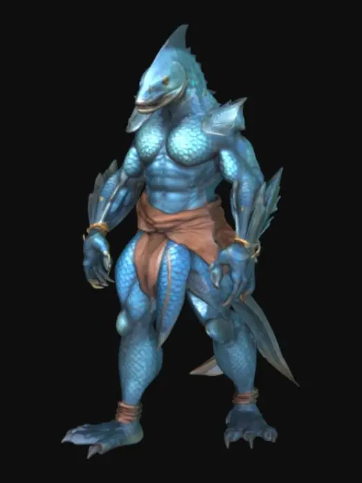 3D model for High Detailed, fish-humanoid, muscular, stands on 2 feet, realistic, high definition, warrior, no weapon, 4k resolution 