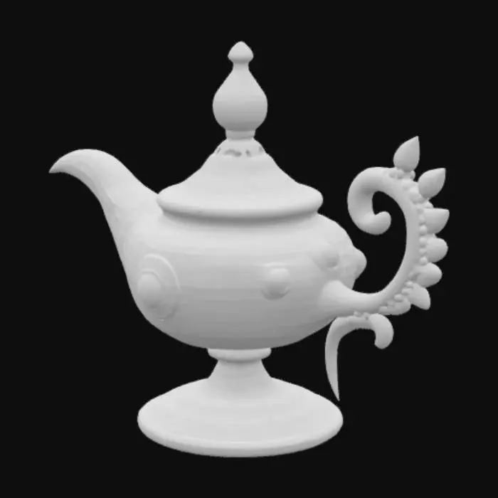 3D model for high detail, high definition, 4k resolution, magic genie lamp, no genie just magic lamp, decorated with a few highly detailed gems, made of gold