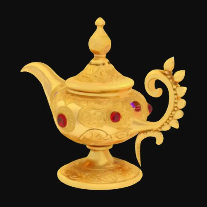 3D model for high detail, high definition, 4k resolution, magic genie lamp, no genie just magic lamp, decorated with a few highly detailed gems, made of gold
