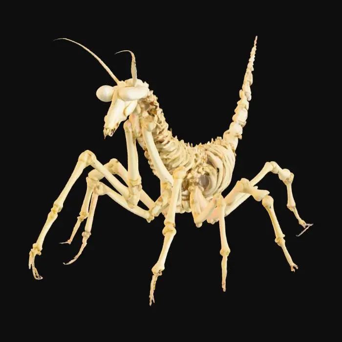 3D model for realilistic praying mantis bug made from bones and skulls wih scythe like arms