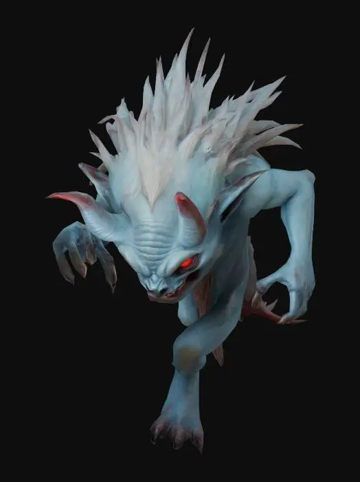 3D model for a fantastical creature that resembles a humanoid figure with a pale, blueish skin tone. It has long, pointed ears and a mane of hair that stands upright along its neck and shoulders. The creature's eyes are red and glowing, and it has a wide, toothy grin. It is overall a very scary looking thing.