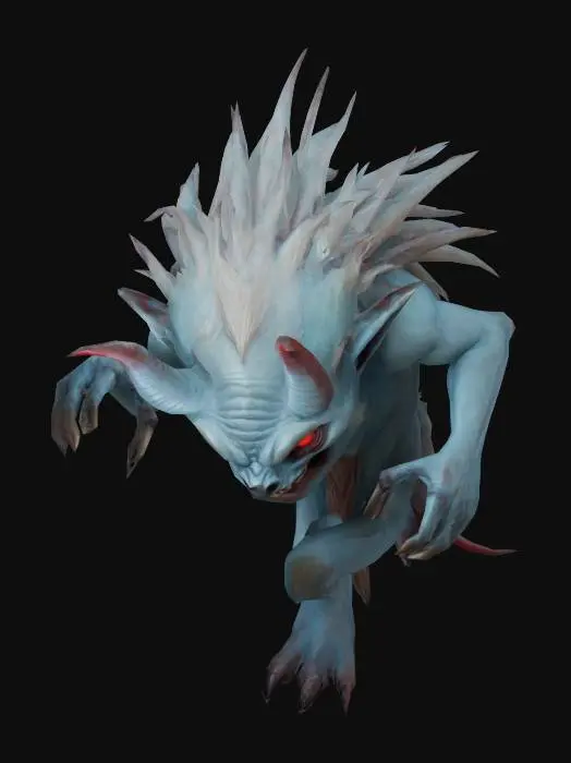 3D model for a fantastical creature that resembles a humanoid figure with a pale, blueish skin tone. It has long, pointed ears and a mane of hair that stands upright along its neck and shoulders. The creature's eyes are red and glowing, and it has a wide, toothy grin. It is overall a very scary looking thing.