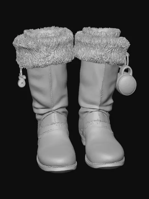 3D model for A pair of Santa boots, asymmetrical and made of worn red leather, with visible wear at the toe from impacts. The top opening is lined with faded white faux fur, concealing an intricate, shimmering amber digital lock. Its surface is covered with tribal snowflake glyphs and a precious, glowing red emissive object.