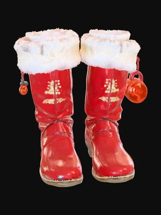 3D model for A pair of Santa boots, asymmetrical and made of worn red leather, with visible wear at the toe from impacts. The top opening is lined with faded white faux fur, concealing an intricate, shimmering amber digital lock. Its surface is covered with tribal snowflake glyphs and a precious, glowing red emissive object.