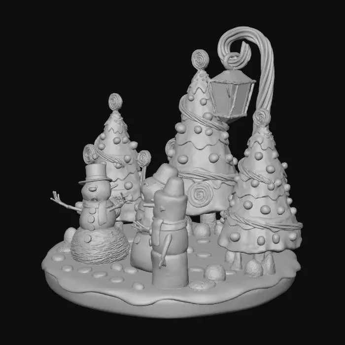 3D model for la scene represente une chorale de noel , composée de personnages habillés comme des friandises,certains sont habillés en sapins et d'autres en bonhomme de neige, ils chantent sous un reverbere de reglisse, #Christmas2025#