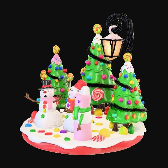 3D model for la scene represente une chorale de noel , composée de personnages habillés comme des friandises,certains sont habillés en sapins et d'autres en bonhomme de neige, ils chantent sous un reverbere de reglisse, #Christmas2025#
