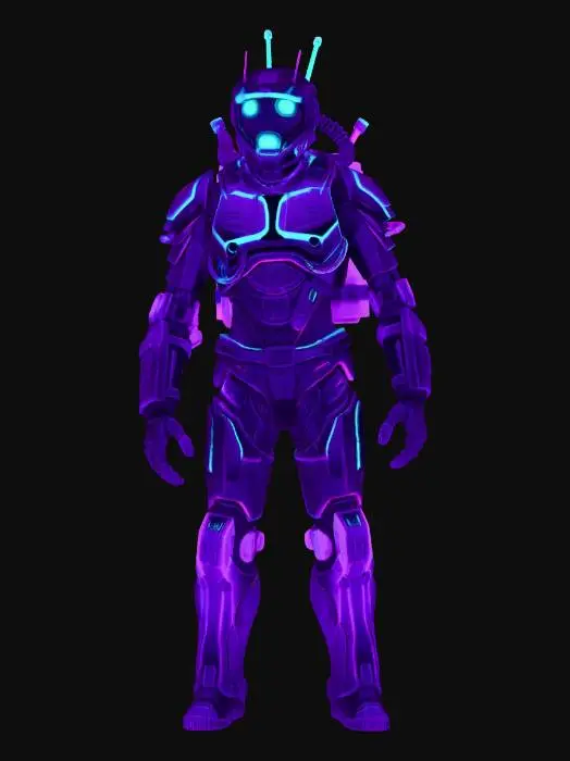 3D model for A heavily armored, futuristic space-faring robot floats against a starfield, its robust dark metallic suit exhibiting a worn, textured finish. Vibrant neon pink, cyan, and blue lights highlight seams and internal components, notably illuminating the visor, mouth-like vents, and segmented armor. Its helmet blends a dirt bike style peak with a space helmet, while a complex backpack features multiple antennas, suggesting advanced communication. This imposing humanoid machine embodies a weathered yet advanced aesthetic.