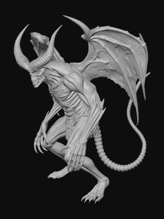 3D model for Create a 3D model of a demon with a charred, crackled, muscular frame, inspired by the druid mage tower werebear form—upright, hunched forward, with shorter legs and a powerful, beast-like stance. The demon’s head, hands, and feet are skeletal and burned away, with purple flames bursting out from the cracks. Its body is charred and muscular, with glowing fissures of violet fire. It has massive, curved horns, sharp claws, and fangs. The pose is hunched, beastly, but infused with a cosmic, psychedelic horror feel, with flames and shadows flickering across its form. Make it highly detailed, with a bestial stance, and a supernatural, nightmarish presence. use deep purples cyan and blues, a true psychdelic horror