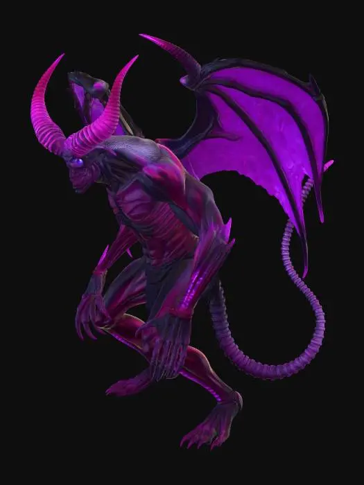 3D model for Create a 3D model of a demon with a charred, crackled, muscular frame, inspired by the druid mage tower werebear form—upright, hunched forward, with shorter legs and a powerful, beast-like stance. The demon’s head, hands, and feet are skeletal and burned away, with purple flames bursting out from the cracks. Its body is charred and muscular, with glowing fissures of violet fire. It has massive, curved horns, sharp claws, and fangs. The pose is hunched, beastly, but infused with a cosmic, psychedelic horror feel, with flames and shadows flickering across its form. Make it highly detailed, with a bestial stance, and a supernatural, nightmarish presence. use deep purples cyan and blues, a true psychdelic horror