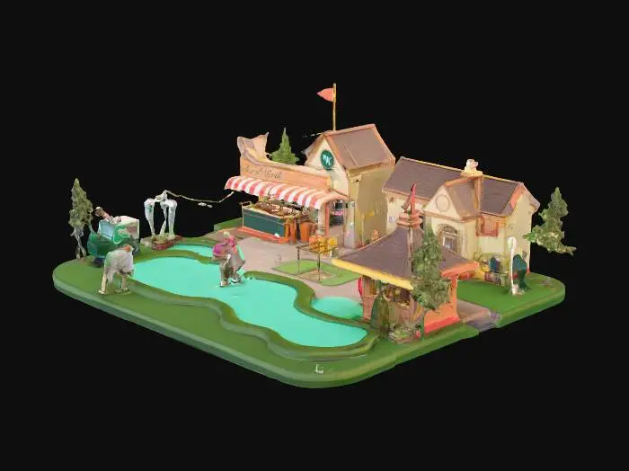 3D model for An 18-Hole Mini Golf diorama with food stalls, a clubhouse, and golf carts with golfers