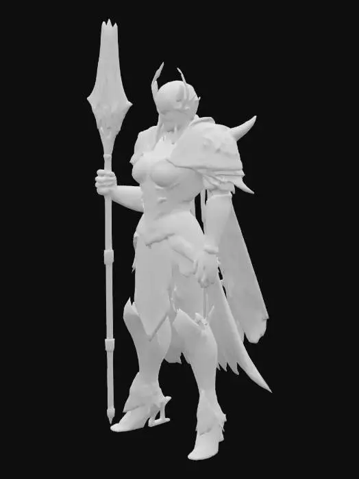 3D model for A stylized and feminine Adepta Sororitas warrior from Warhammer 40K. She stands in an epic pose, wielding a long spear with a plasma-imbued tip glowing brightly. Her body is slender and armored in ornate power armor with gothic details. Her face is partially hidden behind a mysterious, elegant mask, revealing only intense, determined eyes. The background is a dark, smoky battlefield with faint silhouettes of ruined cathedrals and burning skies.