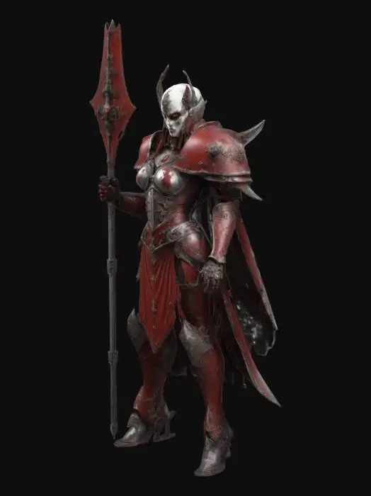 3D model for A stylized and feminine Adepta Sororitas warrior from Warhammer 40K. She stands in an epic pose, wielding a long spear with a plasma-imbued tip glowing brightly. Her body is slender and armored in ornate power armor with gothic details. Her face is partially hidden behind a mysterious, elegant mask, revealing only intense, determined eyes. The background is a dark, smoky battlefield with faint silhouettes of ruined cathedrals and burning skies.