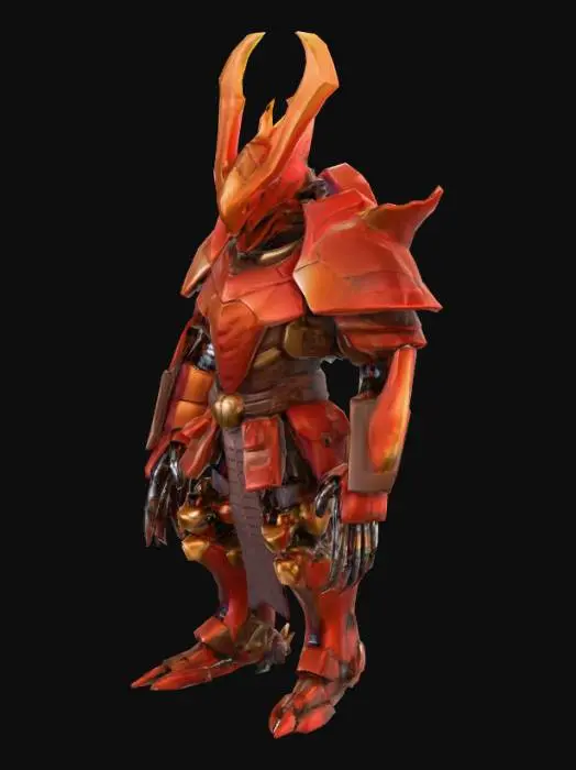 3D model for A formidable mecha samurai stands with an imposing posture, its segmented armor plates meticulously designed to mimic a cockroach's hard, glossy chitinous exoskeleton. The metallic shell boasts a deep, reddish-brown hue, reflecting light with a subtle, waxy sheen. Its angular helmet features subtle antennae-like protrusions, while a glowing, fiery corona, reminiscent of a solar eclipse, emanates from its central chest plate, casting an ethereal light and creating a striking contrast against its dark, rigid form.