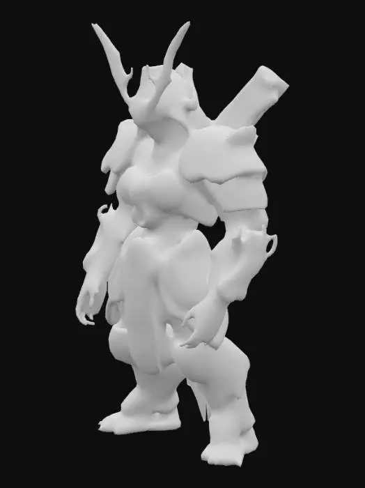 3D model for A formidable mecha samurai stands with an imposing posture, its segmented armor plates meticulously designed to mimic a cockroach's hard, glossy chitinous exoskeleton. The metallic shell boasts a deep, reddish-brown hue, reflecting light with a subtle, waxy sheen. Its angular helmet features subtle antennae-like protrusions, while a glowing, fiery corona, reminiscent of a solar eclipse, emanates from its central chest plate, casting an ethereal light and creating a striking contrast against its dark, rigid form.