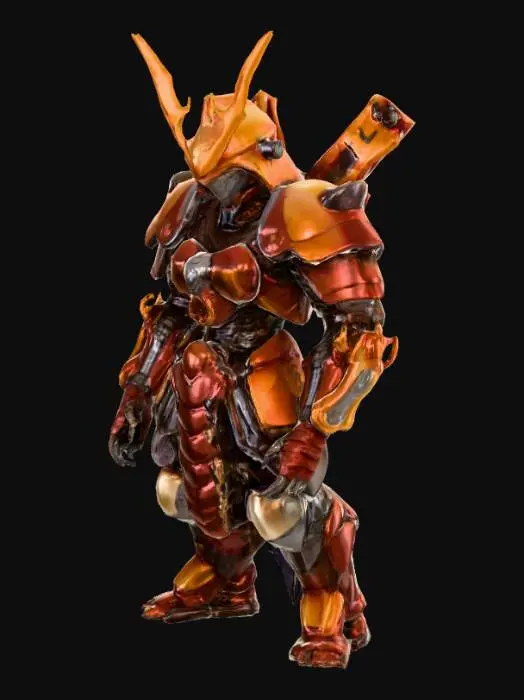 3D model for A formidable mecha samurai stands with an imposing posture, its segmented armor plates meticulously designed to mimic a cockroach's hard, glossy chitinous exoskeleton. The metallic shell boasts a deep, reddish-brown hue, reflecting light with a subtle, waxy sheen. Its angular helmet features subtle antennae-like protrusions, while a glowing, fiery corona, reminiscent of a solar eclipse, emanates from its central chest plate, casting an ethereal light and creating a striking contrast against its dark, rigid form.
