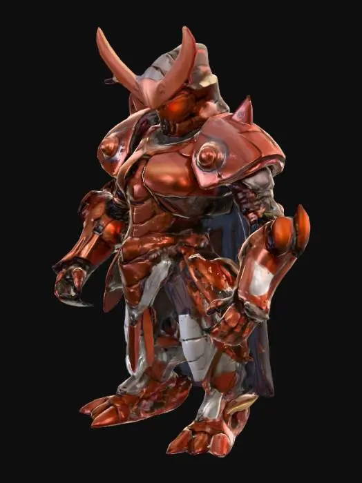 3D model for A formidable mecha samurai stands with an imposing posture, its segmented armor plates meticulously designed to mimic a cockroach's hard, glossy chitinous exoskeleton. The metallic shell boasts a deep, reddish-brown hue, reflecting light with a subtle, waxy sheen. Its angular helmet features subtle antennae-like protrusions, while a glowing, fiery corona, reminiscent of a solar eclipse, emanates from its central chest plate, casting an ethereal light and creating a striking contrast against its dark, rigid form.