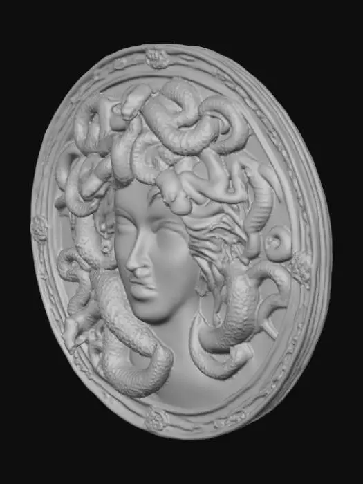 3D model for a detailed relief carving of the snake covered head of  a beautiful serene medusa on a circular backing