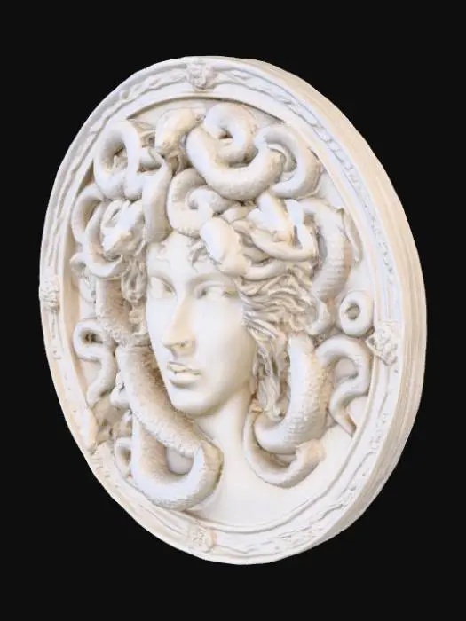 3D model for a detailed relief carving of the snake covered head of  a beautiful serene medusa on a circular backing