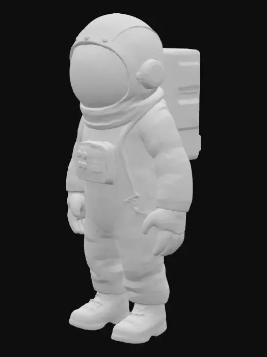 3D model for Скафандр низкобюджетной модели выглядит громоздко и функционально. Он выполнен из плотной синтетической ткани тусклых оттенков серого, с видимыми неровными швами. Шлем представляет собой простой округлый купол, его зеркальный, сильно отражающий свет визор полностью скрывает лицо. Материал скафандра кажется жестким и грубым на ощупь, без глянца. Общая угловатая форма и утилитарная отделка выдают его экономичное происхождение.