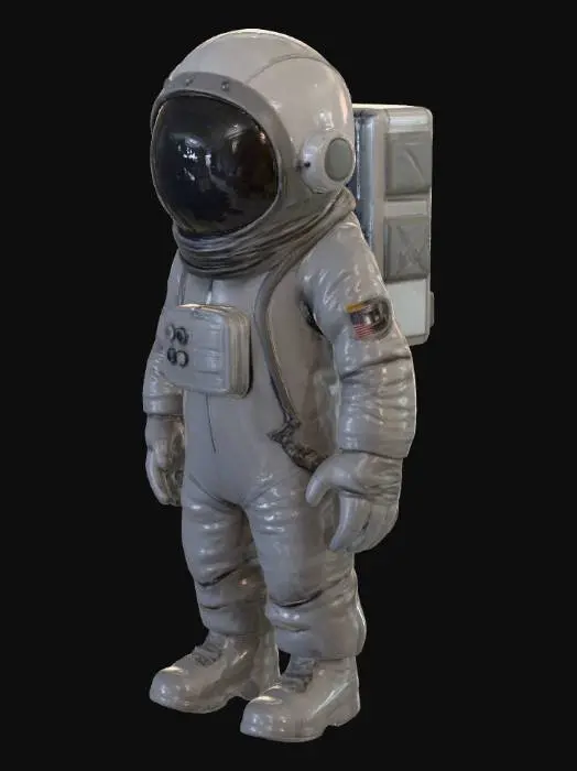 3D model for Скафандр низкобюджетной модели выглядит громоздко и функционально. Он выполнен из плотной синтетической ткани тусклых оттенков серого, с видимыми неровными швами. Шлем представляет собой простой округлый купол, его зеркальный, сильно отражающий свет визор полностью скрывает лицо. Материал скафандра кажется жестким и грубым на ощупь, без глянца. Общая угловатая форма и утилитарная отделка выдают его экономичное происхождение.