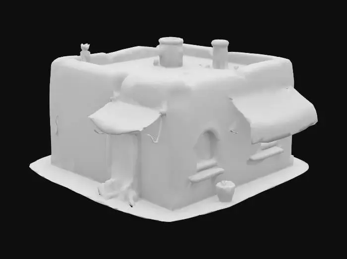 3D model for A small desert house made of sun-baked clay bricks and sandstone, flat roof with drying mats, thick walls, small arched windows, slightly rounded corners, single wooden door, no ornament, simple rectangular shape, light sand and ochre colors, cloth canopy over the entrance, inspired by ancient desert dwellings, cartoon stylized design, soft edges, no interior, game-ready model