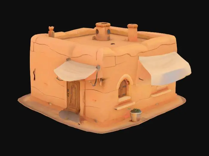 3D model for A small desert house made of sun-baked clay bricks and sandstone, flat roof with drying mats, thick walls, small arched windows, slightly rounded corners, single wooden door, no ornament, simple rectangular shape, light sand and ochre colors, cloth canopy over the entrance, inspired by ancient desert dwellings, cartoon stylized design, soft edges, no interior, game-ready model