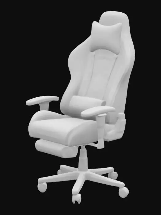 3D model for Generate a cartoon-style gaming chair with a pastel blue and pink macaron color scheme, featuring leather material and a metal frame. The chair includes a headrest, lumbar support, adjustable armrests, a swivel base with wheels, and RGB lighting effects. It also has a gaming logo on it. The background is a simple gaming room, viewed from a 45-degree angle. The overall style is 2D illustration, with vibrant colors, high contrast, and a futuristic tech vibe.