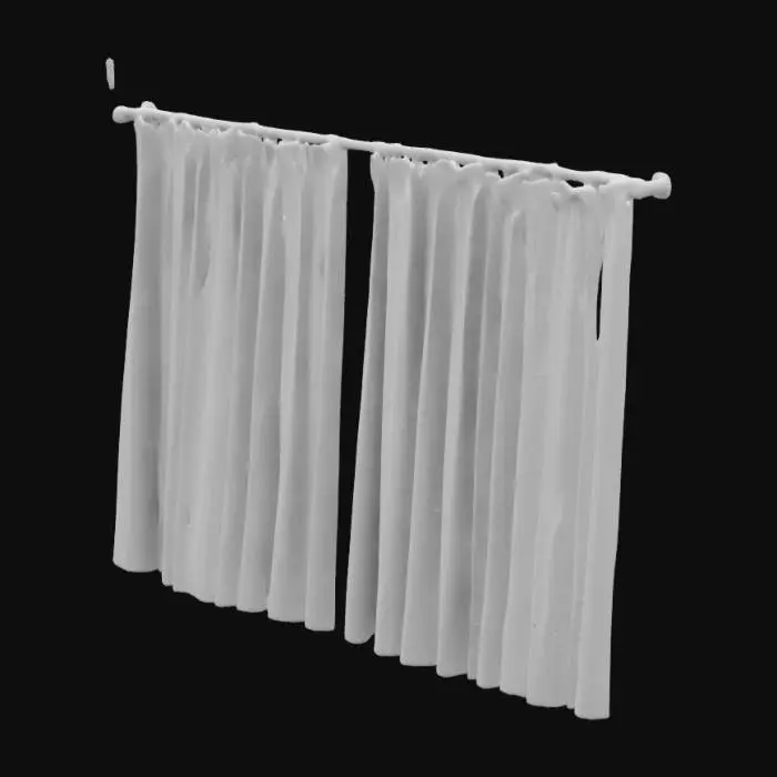 3D model for Generate a macaron-colored curtain model, primarily using pink and blue. The curtain features a semi-transparent material, a pleated design, and a wavy bottom edge. It has small star and cloud patterns, with hooks at the top. The overall style is 2D illustration, with bright and soft colors, creating a cute and warm atmosphere