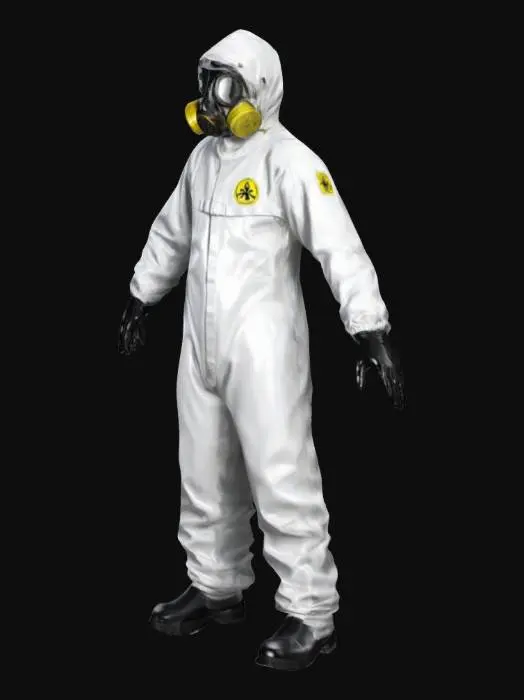 3D model for the backrooms white shiny hazmat suit, biohazard suit, gas mask, Ultra Realistic, Highly Detailed, A-pose, Full Body, Symmetrical Body, #realistic#