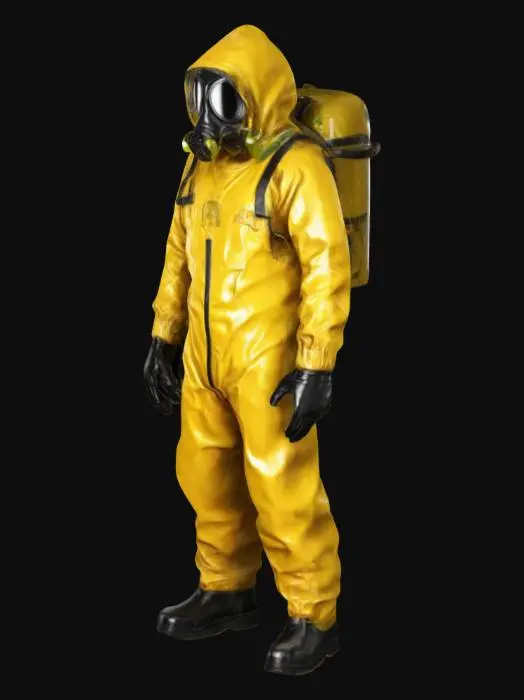 3D model for the backrooms yellow shiny hazmat suit, biohazard suit, gas mask, oxygen bottle, Ultra Realistic, Highly Detailed, A-pose, Full Body, Symmetrical Body, #realistic#