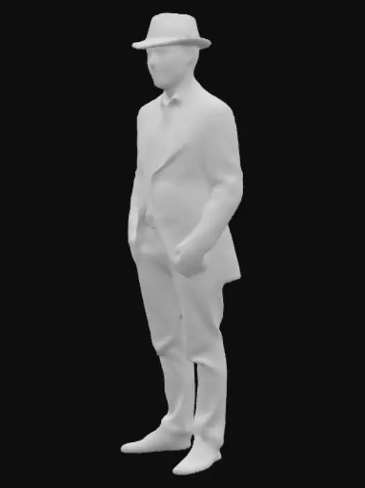 3D model for Ultra-realistic 3D model of a man wearing a 1940s style suit, tailored double-breasted jacket with wide peak lapels, pleated trousers, polished leather shoes, crisp white dress shirt, patterned silk tie, fedora hat tilted slightly forward, friendly natural smile, standing in a relaxed pose (no T-pose), realistic skin and hair, detailed fabric textures with subtle wrinkles, realistic proportions, clean topology, game-ready, PBR textures, cinematic lighting, no stylization, no cartoon, full-body model