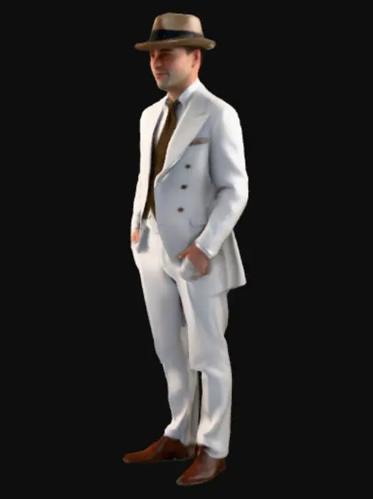 3D model for Ultra-realistic 3D model of a man wearing a 1940s style suit, tailored double-breasted jacket with wide peak lapels, pleated trousers, polished leather shoes, crisp white dress shirt, patterned silk tie, fedora hat tilted slightly forward, friendly natural smile, standing in a relaxed pose (no T-pose), realistic skin and hair, detailed fabric textures with subtle wrinkles, realistic proportions, clean topology, game-ready, PBR textures, cinematic lighting, no stylization, no cartoon, full-body model