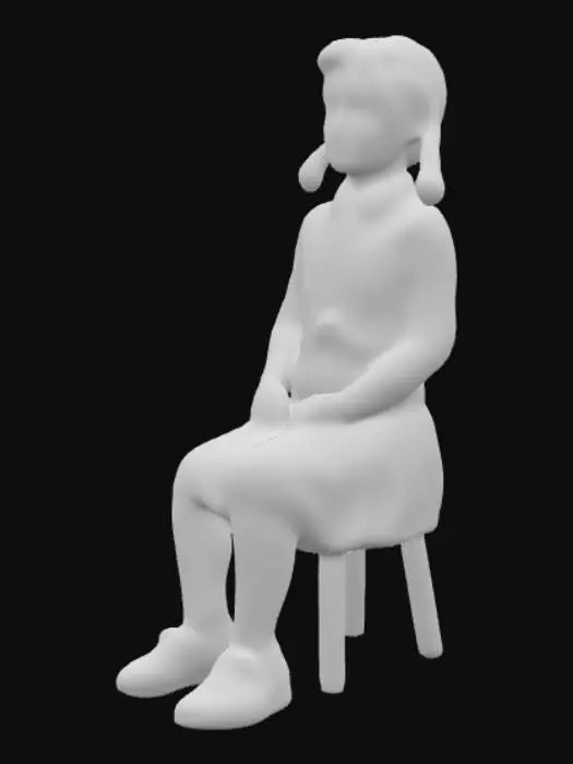 3D model for Ultra-realistic 3D model of a young girl seated in a relaxed pose (no T-pose), wearing 1940s style clothing: knee-length dress with subtle pleats, cardigan or sweater, classic socks and leather shoes, hair styled in 1940s fashion (braids or curls), neutral facial expression or gentle smile. Detailed fabric textures with realistic folds and slight wear, realistic skin and hair, clean topology, UV-unwrapped, game-ready character optimized for Unreal Engine 5 / Unity, PBR textures, cinematic soft lighting, no cartoon, no stylization, full-body model.