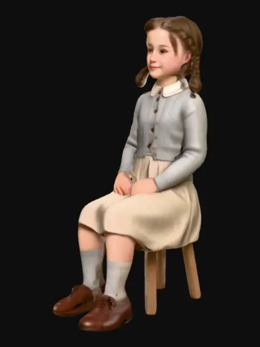 3D model for Ultra-realistic 3D model of a young girl seated in a relaxed pose (no T-pose), wearing 1940s style clothing: knee-length dress with subtle pleats, cardigan or sweater, classic socks and leather shoes, hair styled in 1940s fashion (braids or curls), neutral facial expression or gentle smile. Detailed fabric textures with realistic folds and slight wear, realistic skin and hair, clean topology, UV-unwrapped, game-ready character optimized for Unreal Engine 5 / Unity, PBR textures, cinematic soft lighting, no cartoon, no stylization, full-body model.