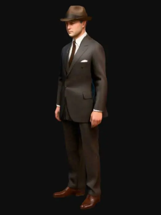 3D model for Ultra-realistic 3D model of a man wearing a dark-colored 1940s style suit — same solid color all over, perfectly uniform fabric, no front/back variation, no gradient, no shading artifacts, tailored double-breasted jacket with wide peak lapels, pleated trousers, polished leather shoes, crisp white dress shirt, patterned silk tie, fedora hat tilted slightly forward. Standing in a natural relaxed pose (no T-pose), neutral facial expression, detailed fabric textures with subtle wrinkles, realistic proportions, clean topology, game-ready, PBR textures with consistent color, cinematic lighting, no stylization, no cartoon, full-body model.