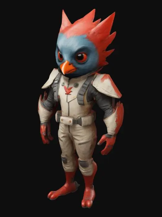 3D model for a stylized, anthropomorphic character with a cardinal bird-like head, wearing a flight suit with angular features and a smooth, matte texture