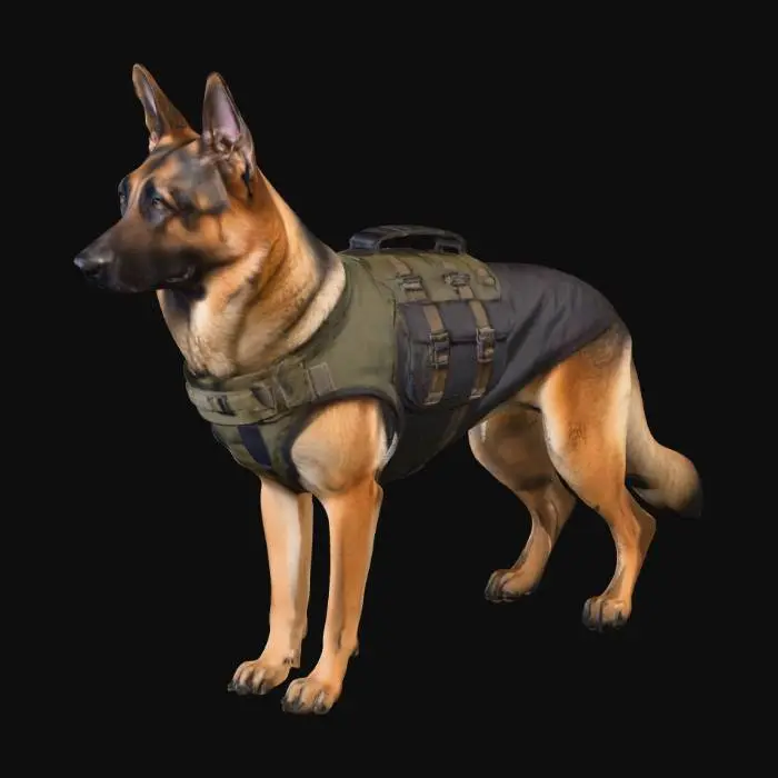 3D model for A German Shepherd dog stands proudly, exhibiting a strong and athletic build. It wears a tactical K-9 dog jacket, possibly made of durable nylon or canvas, with visible straps and buckles. The dog's coat is a striking black and tan, appearing thick and well-groomed, suggesting a dense, soft fur texture. Its ears are sharply erect, and its intelligent dark eyes convey a focused, yet happy and proud expression, reflecting its disciplined posture.