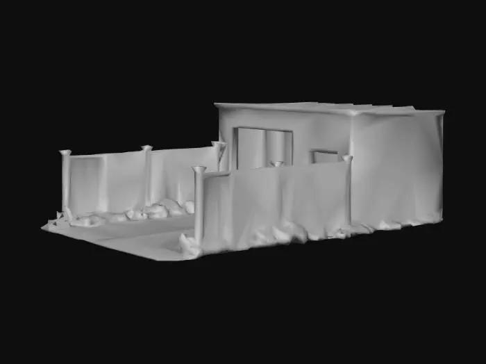 3D model for Make me a run down garage apocolypse base with a big square fence made of scavaged materials, a gate opening big enough to fit 2 cars through. Straight into a garage opening. Dont make the garage populated with cars, make it empty. Please have the gates opened in the model so I can easily drive into it.