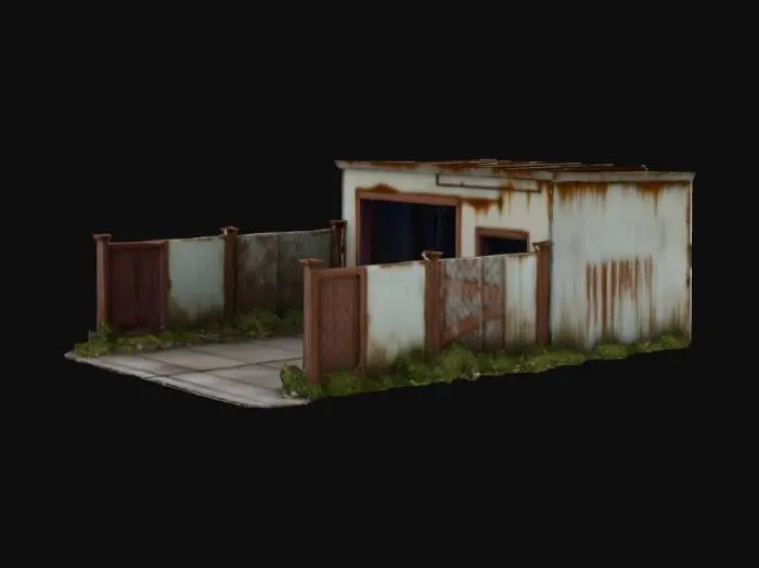 3D model for Make me a run down garage apocolypse base with a big square fence made of scavaged materials, a gate opening big enough to fit 2 cars through. Straight into a garage opening. Dont make the garage populated with cars, make it empty. Please have the gates opened in the model so I can easily drive into it.