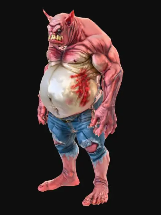 3D model for I want a 3d model super grotesque and as big as a car. It should have veins everywhere, eyes going in opposite directions, teeth super long and sharp forcing the creatures nothing stretched open. Muscular arms and legs with a fat giant torso with clothes ripping everywhere from the stress of stretching.