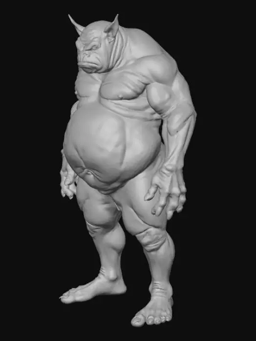 3D model for I want a 3d model super grotesque and as big as a car. It should have veins everywhere,  eyes going in opposite directions, teeth super long and sharp forcing the creatures nothing stretched open. Muscular arms and legs with a fat giant torso with clothes ripping everywhere from the stress of stretching.