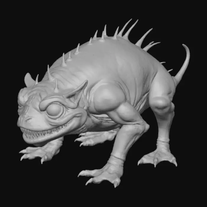 3D model for I want a 3d model super grotesque and as big as a car. It should have veins everywhere, eyes going in opposite directions, teeth super long and sharp forcing the creatures nothing stretched open. Muscular arms and legs with a fat giant torso with clothes ripping everywhere from the stress of stretching.